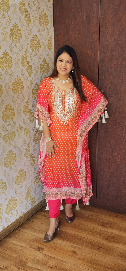 Light orange with pink bandani kaftan set (T62)