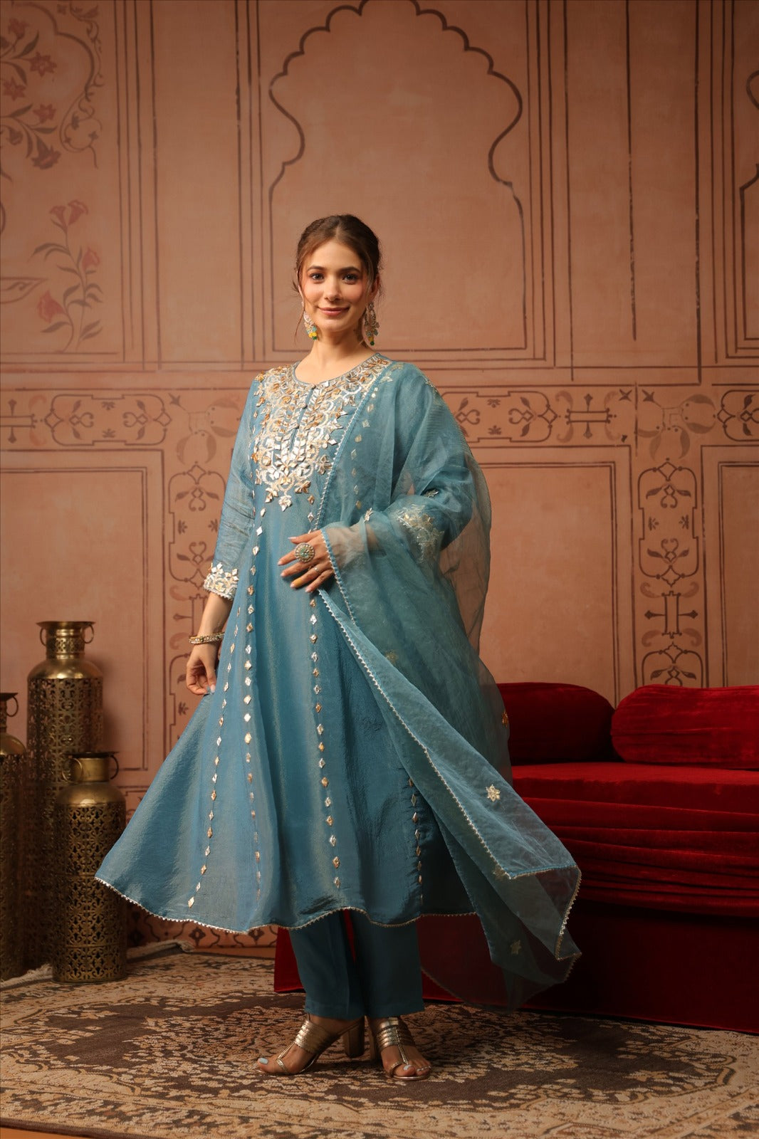 Pure tissue with gota work shoulder anarkali three piece set (C760)