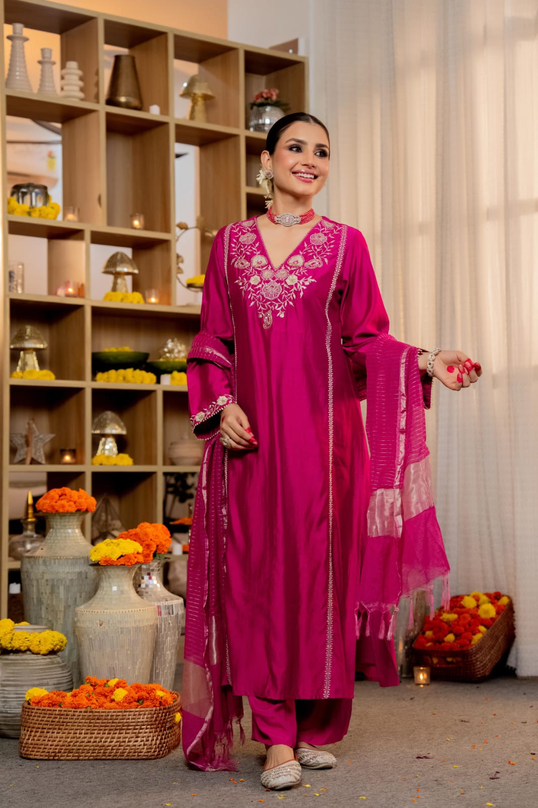 Megenta satoori silk with lining designer three piece set (A1036)