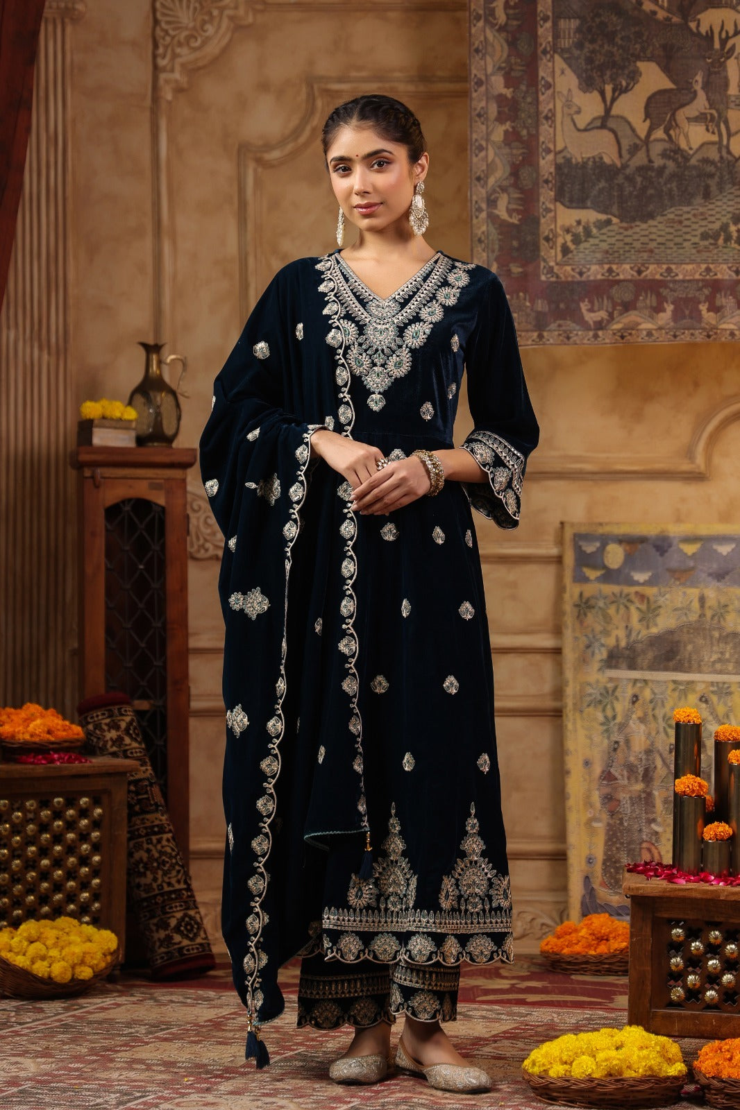 Blue velvet full heavy work flared anarkali (T175)