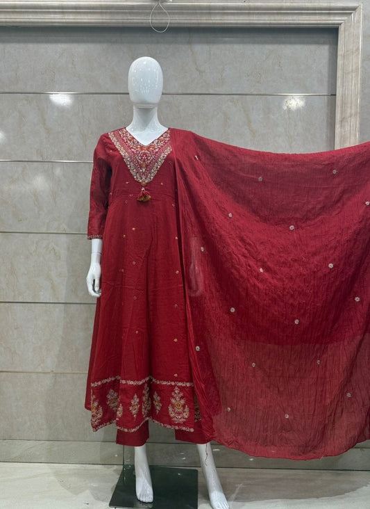 Mahroon Angrakha mul cotton three piece set (A1022)