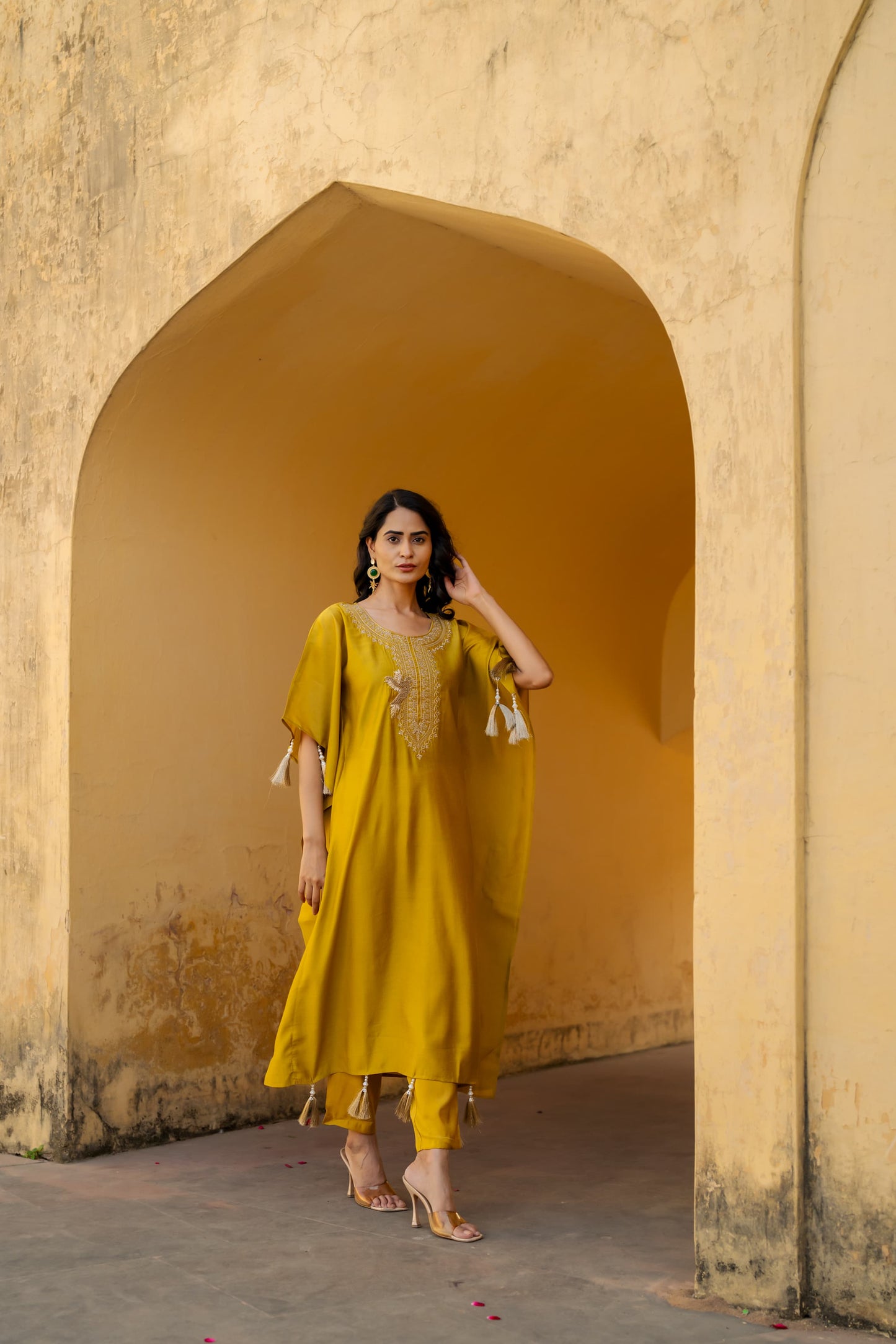 Light yellow pure shimmer tissue designer kaftan set (P1340)