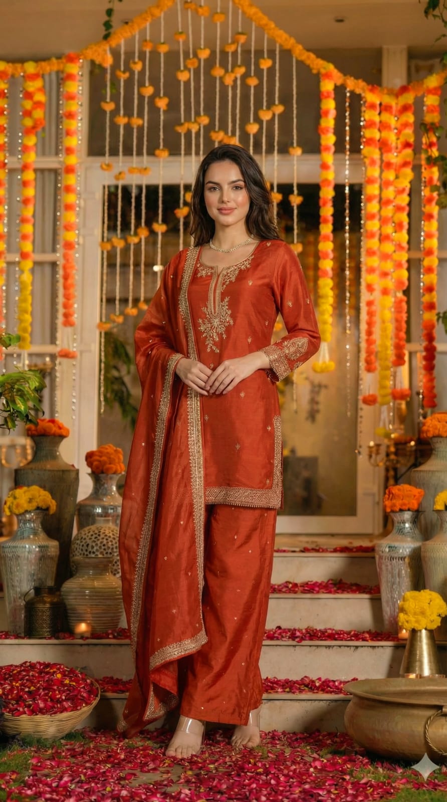 Orange pure silk with lining full jari work three piece set (A1391)