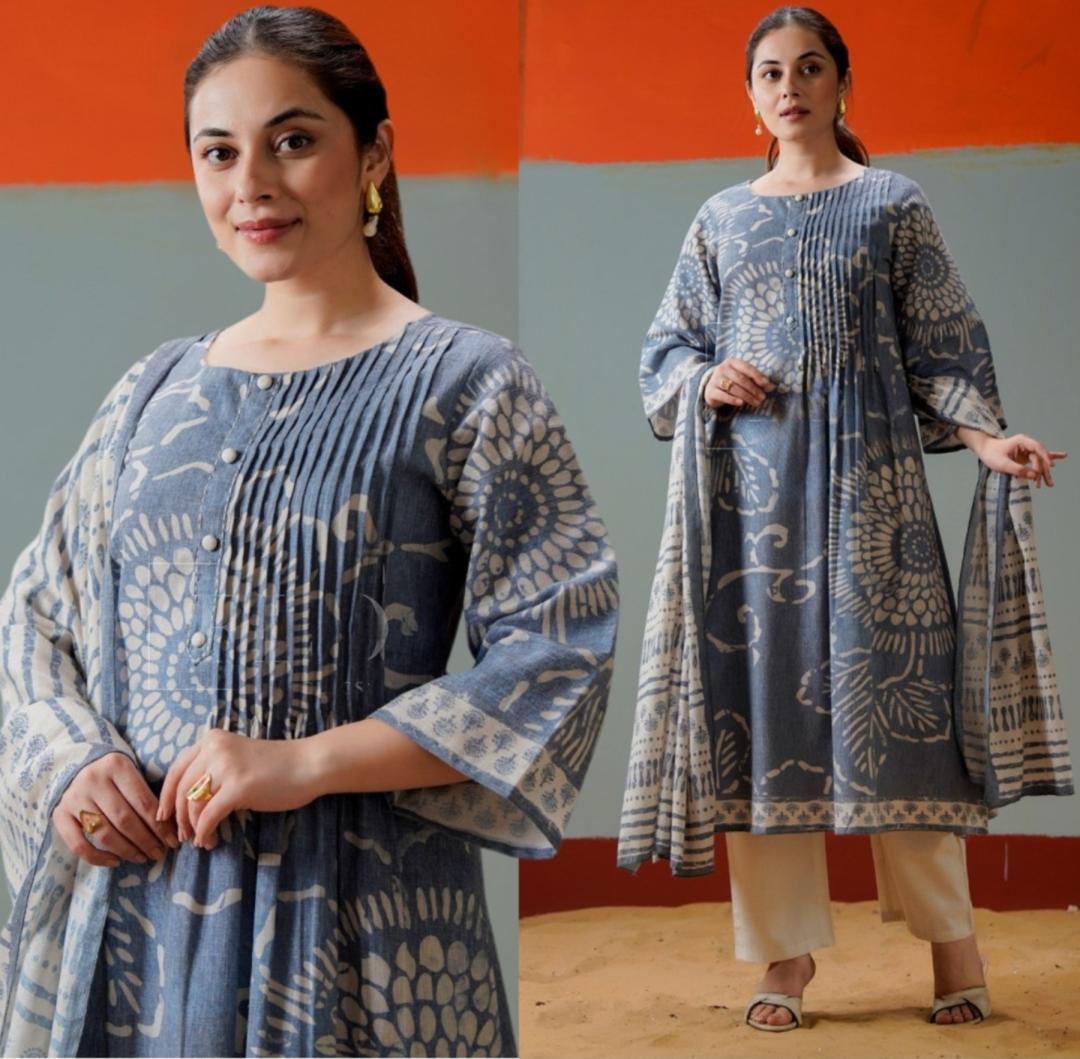 Pure linen with printed linen dupatta three piece set (A1656)