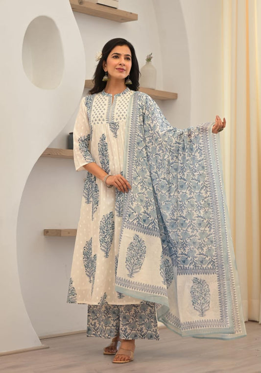 Pure cotton blue color block print three piece set (P538)