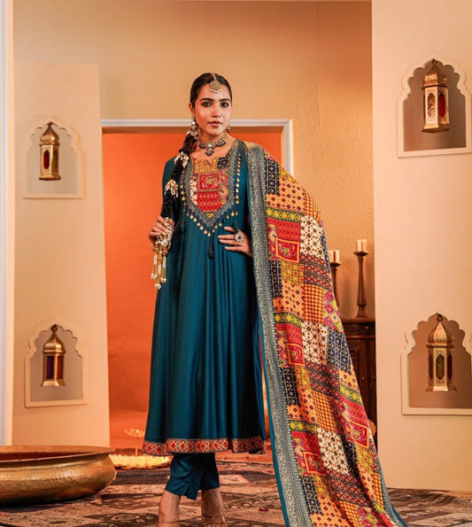 Blue pure gaji silk flared anarkali three piece set (A968)