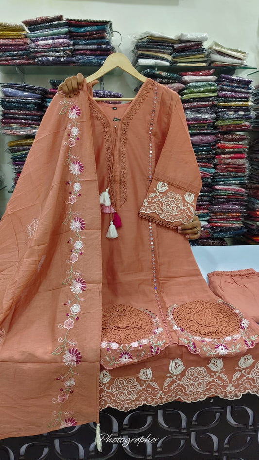 Cotton chanderi with lining pakistani pattern three piece set (B1050)