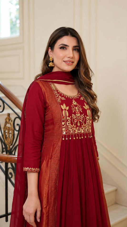 Pure mul chanderi with lining A line pattern three piece set (C771)