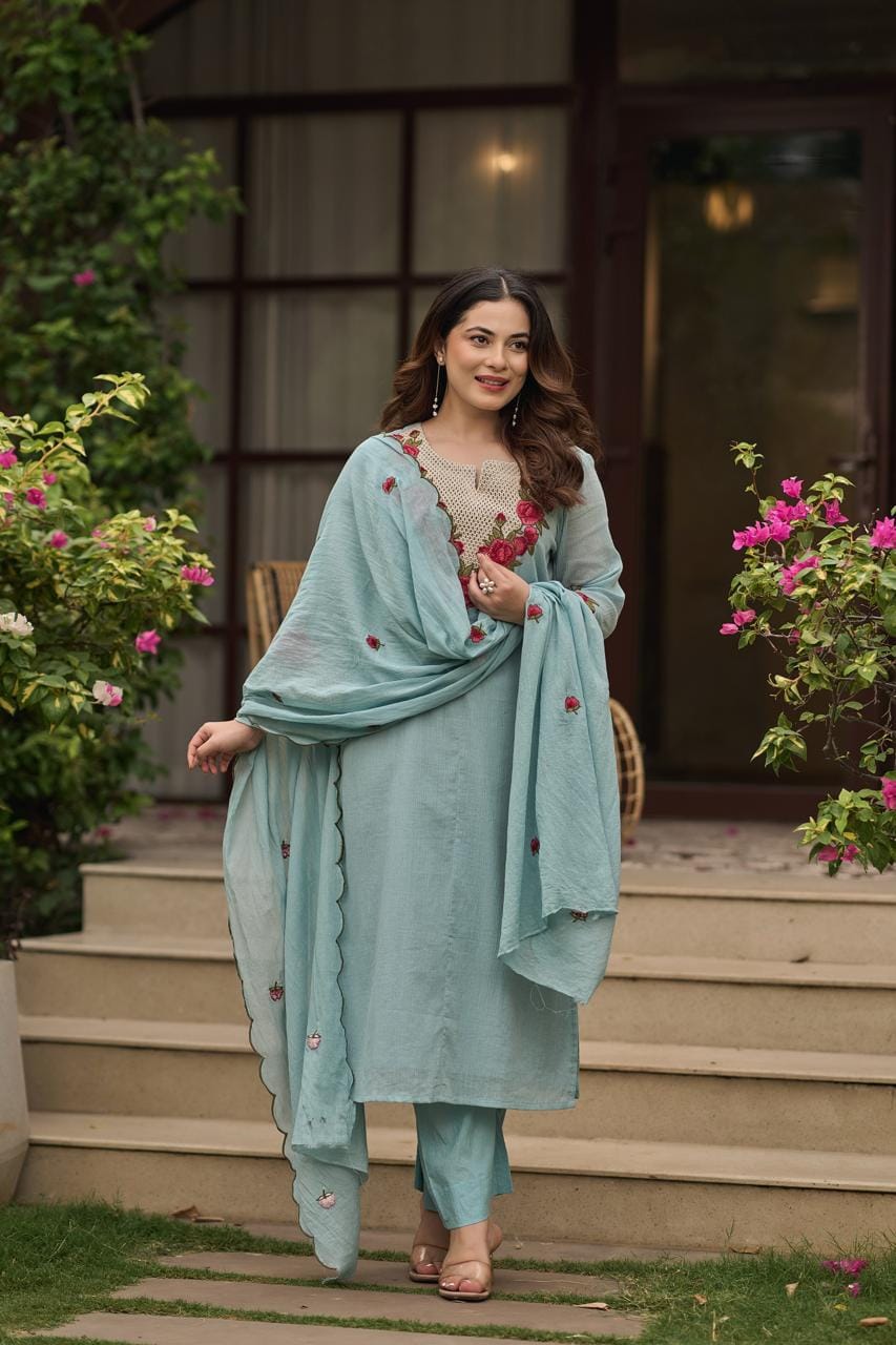 Crush cotton fully thread work three piece set (C270)