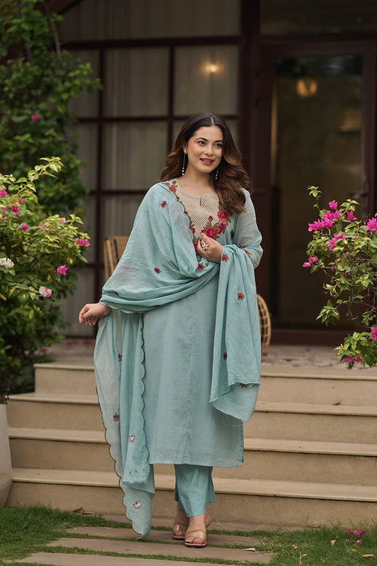 Crush cotton fully thread work three piece set (C270)
