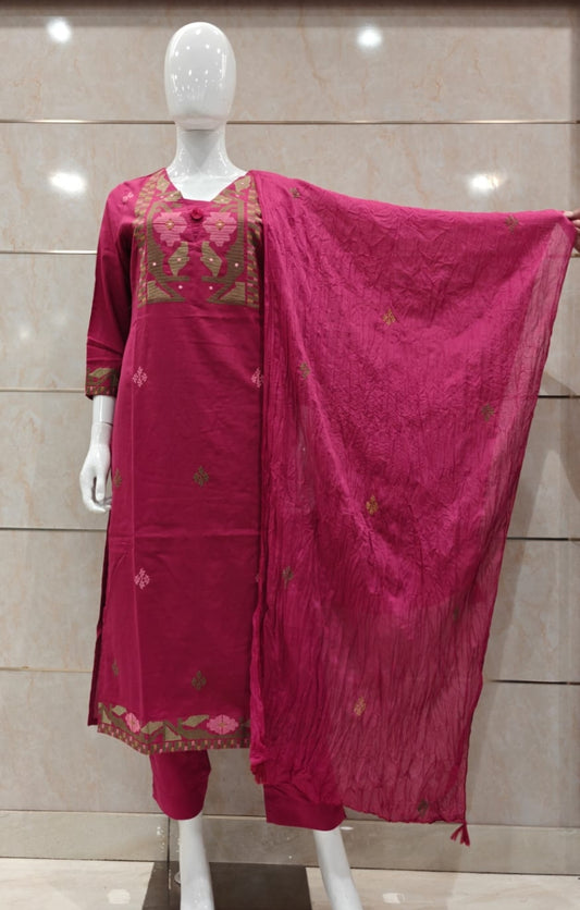 Rani pink ikkat weaving pure cotton three piece set (A606)