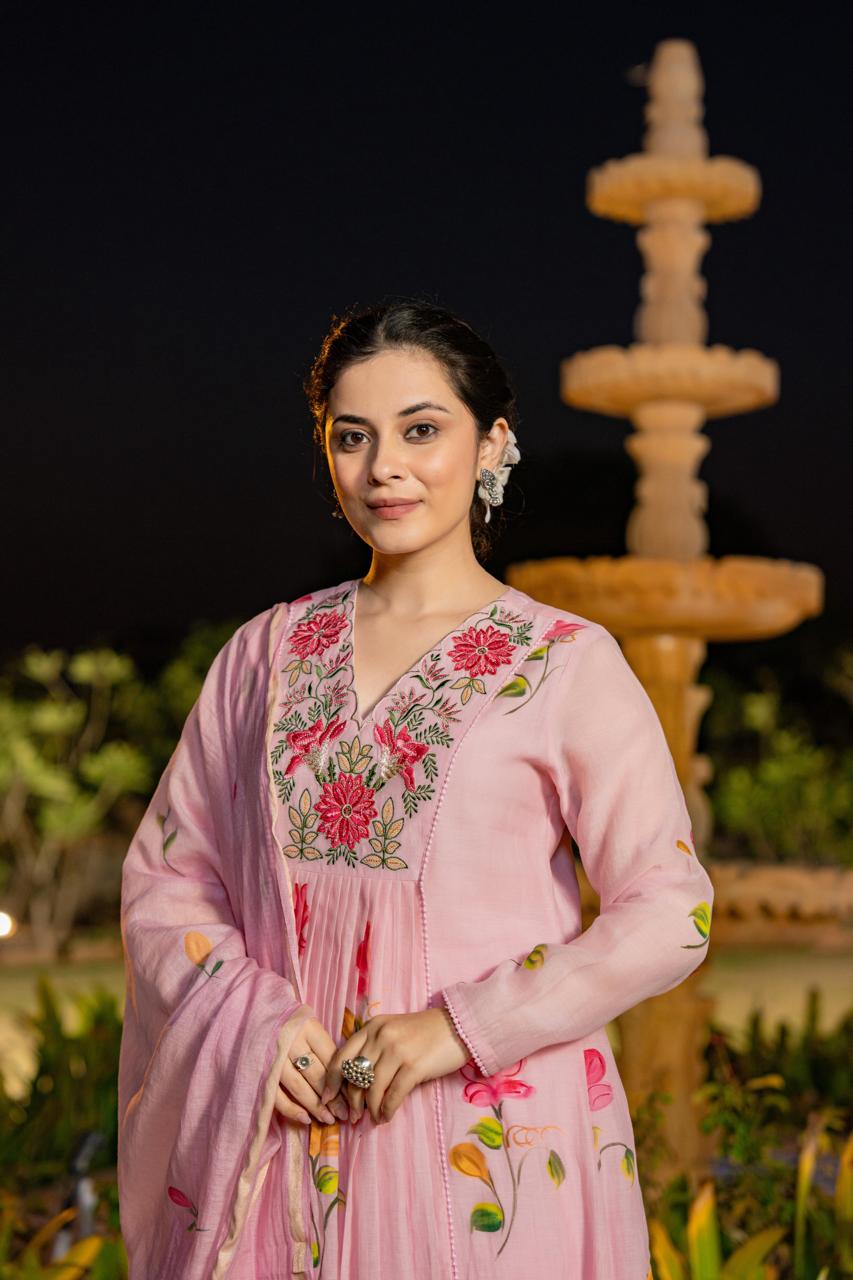 Pink pure mul chanderi with full thread embroidery on neck line designer three piece set (P1897)