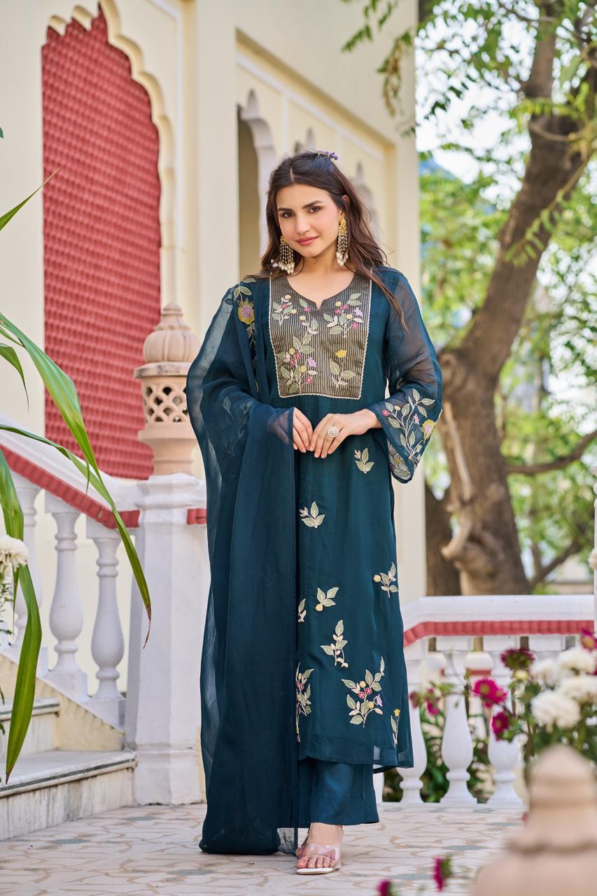 Soft organza with zari work three piece set (B406)