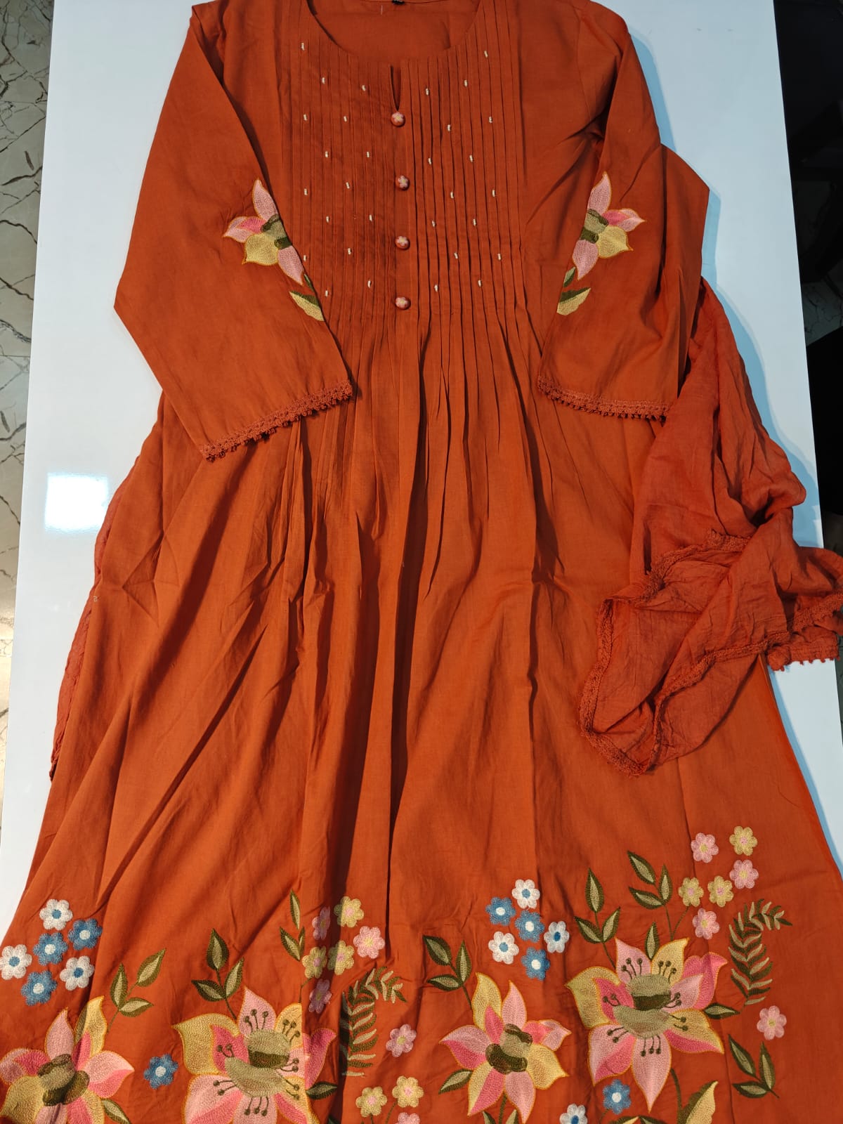 Orange pure cotton Fully embroidered three piece set (P1396)