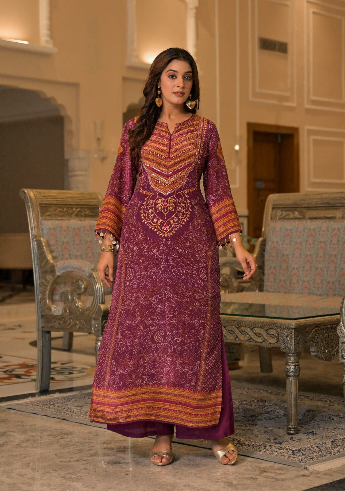 Natural crape with lining pakistani pattern two piece cordset length 54 inch (S305)