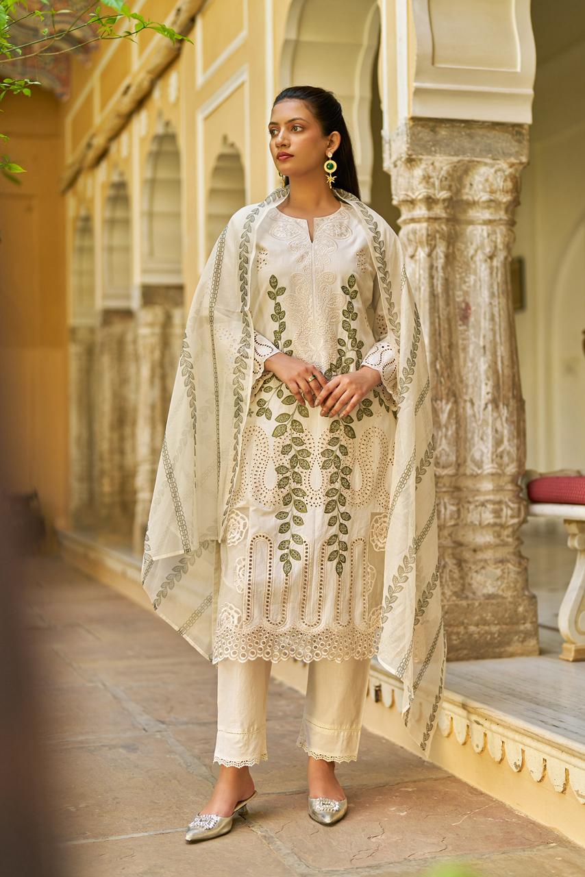 Pakistani pattern pure cotton fully embroidered stylish three piece set (B629)