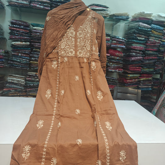 Brown A line with lining fully chikankari three piece set   (P2255)