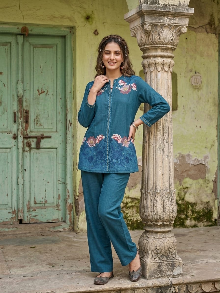 Slub cotton fully embroidered smart two piece cordset (B382)