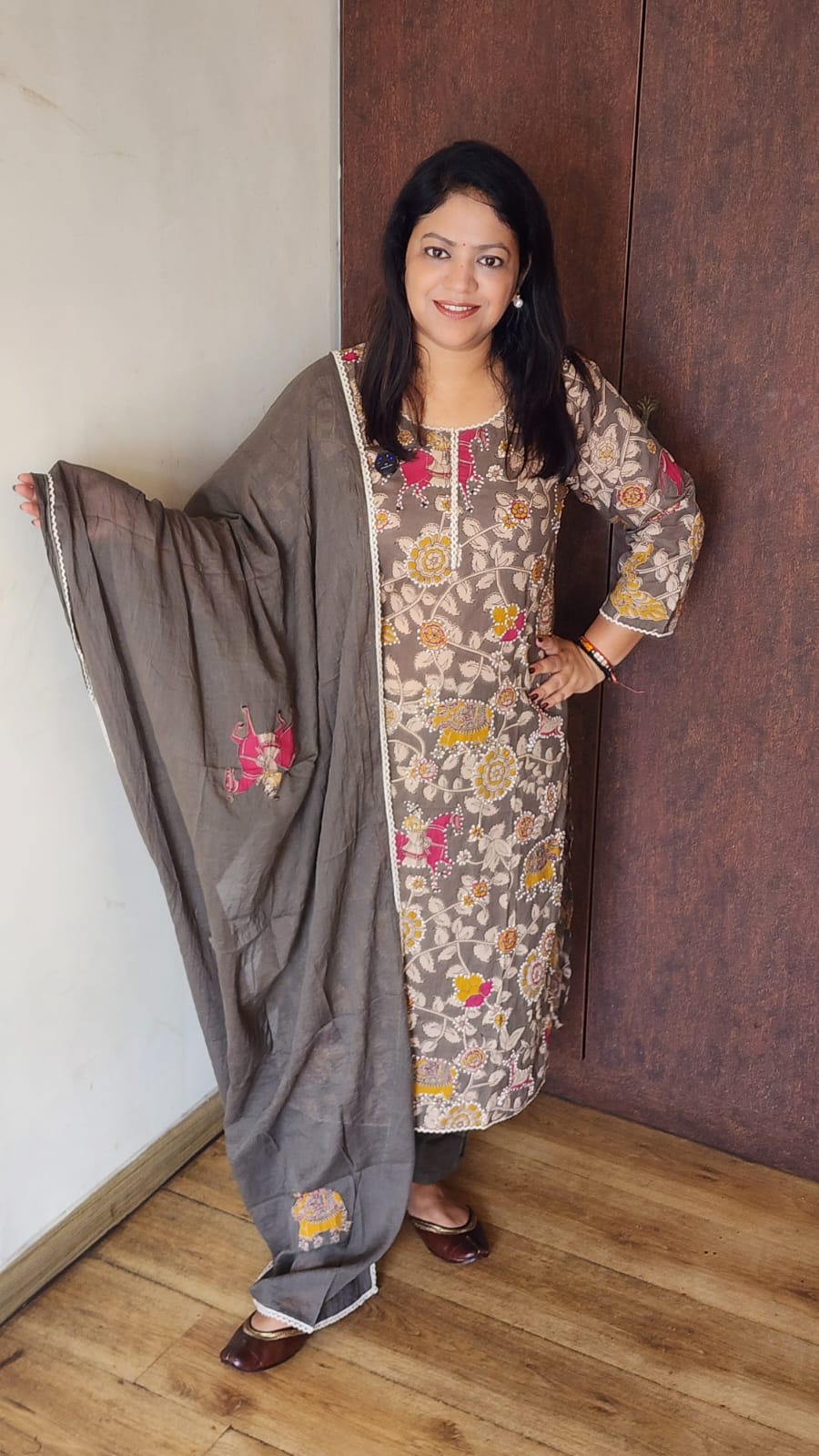 Pure cotton kalamkari three piece set gitten work (C588)