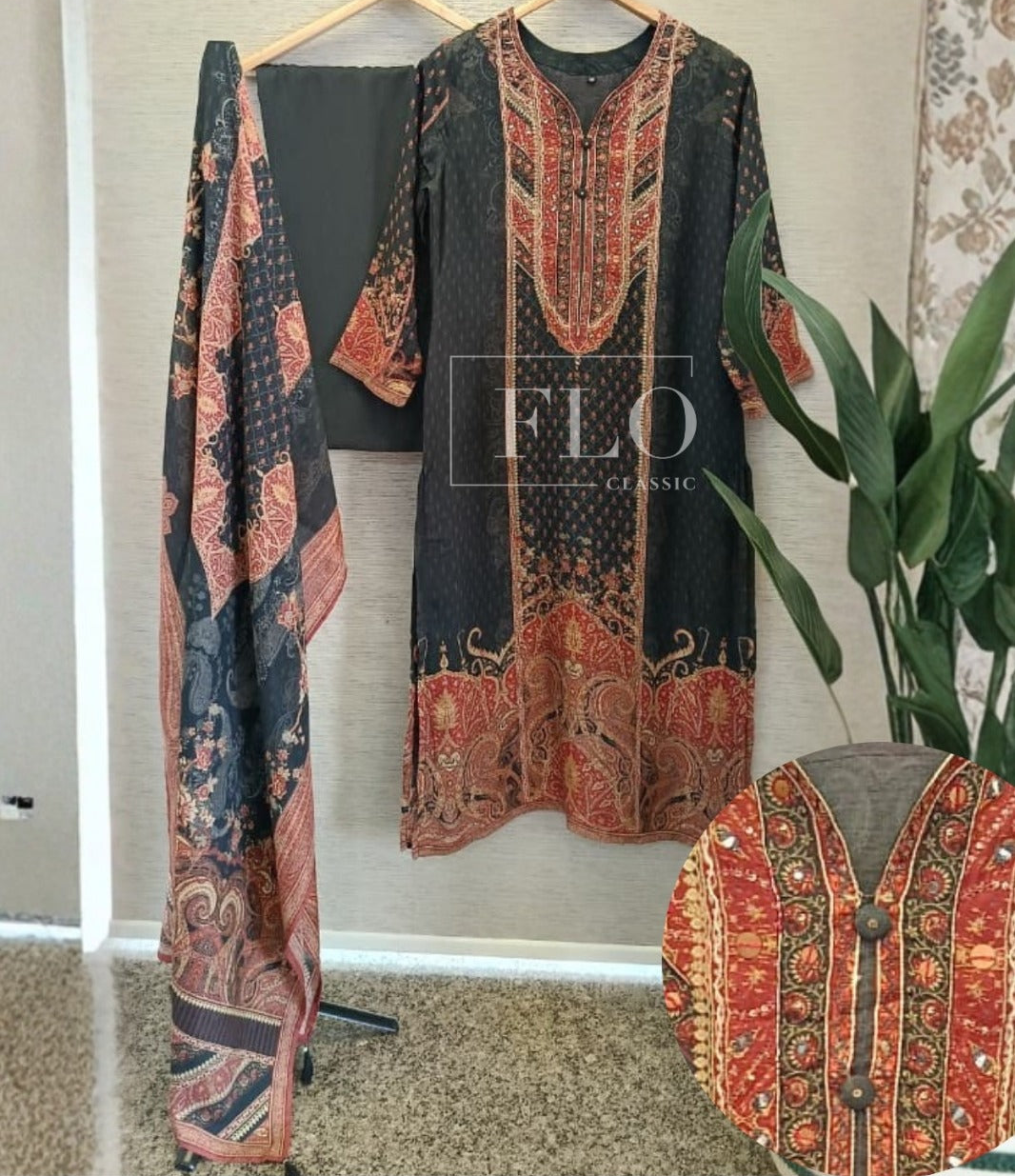 Pure silk with detailing work on neck placement print three piece set (A1250)