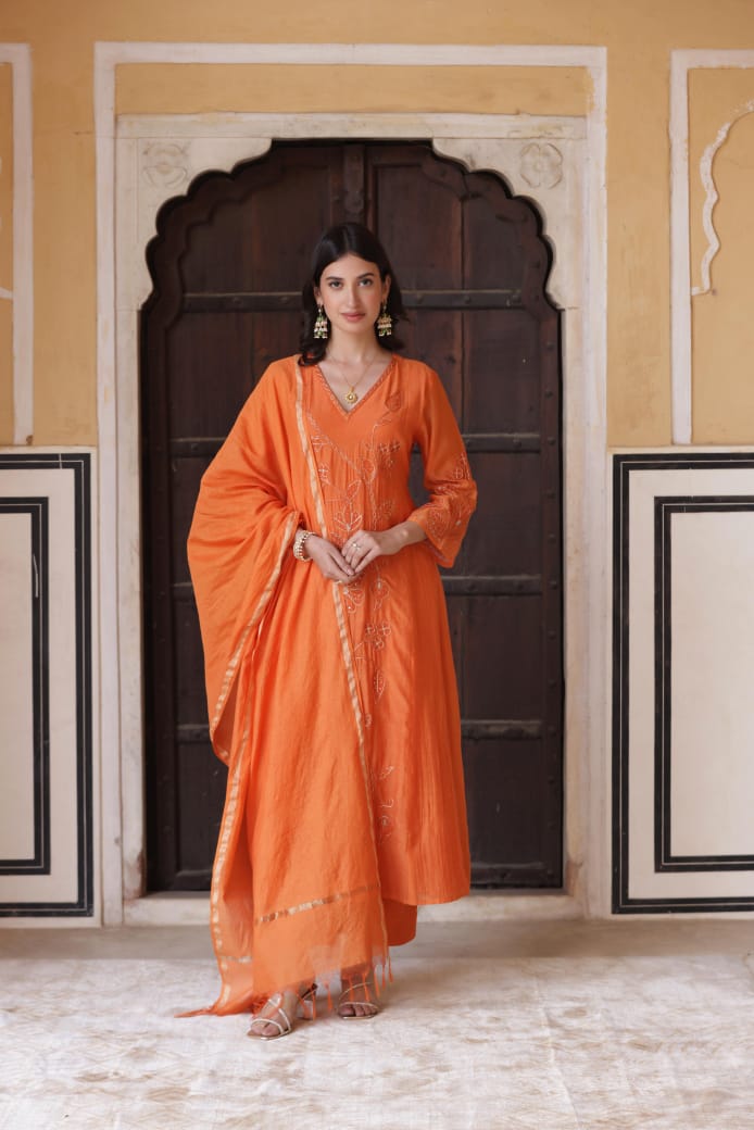 Bright orange pure mul chanderi A line with hand work three piece set (P1414)