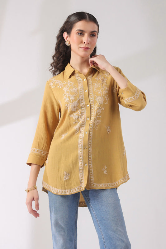 Mustred pure linen fully thread work front and back only shirt (P2194)