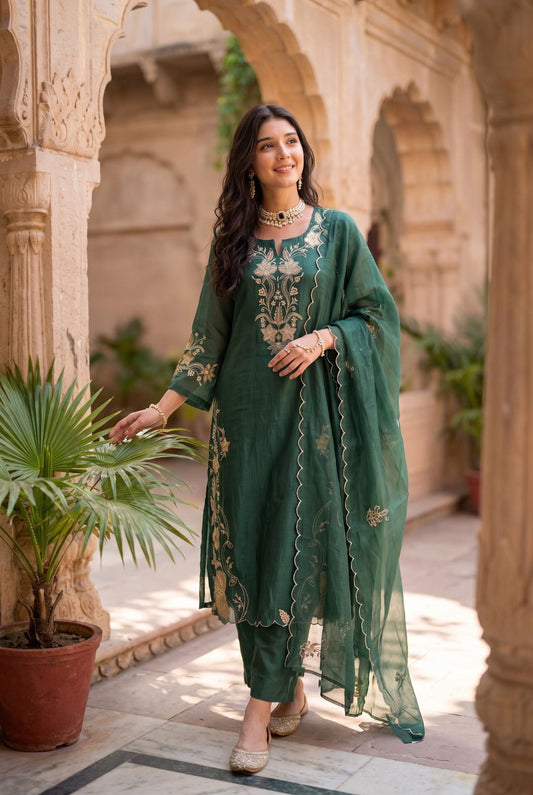 Pure banarasi mul chanderi with full thread work three piece set (S339) (next week dispatch)