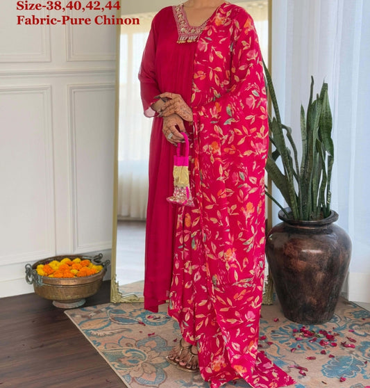 Rani pink  pure chinnon with mul lining three piece set (A122)