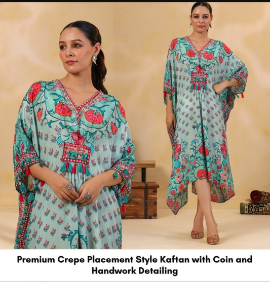 Ocean green pure crape digital print kaftan (A685)