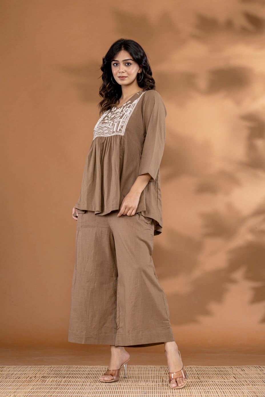 Brown pure cotton fully thread work smart two piece cordset (P1457)