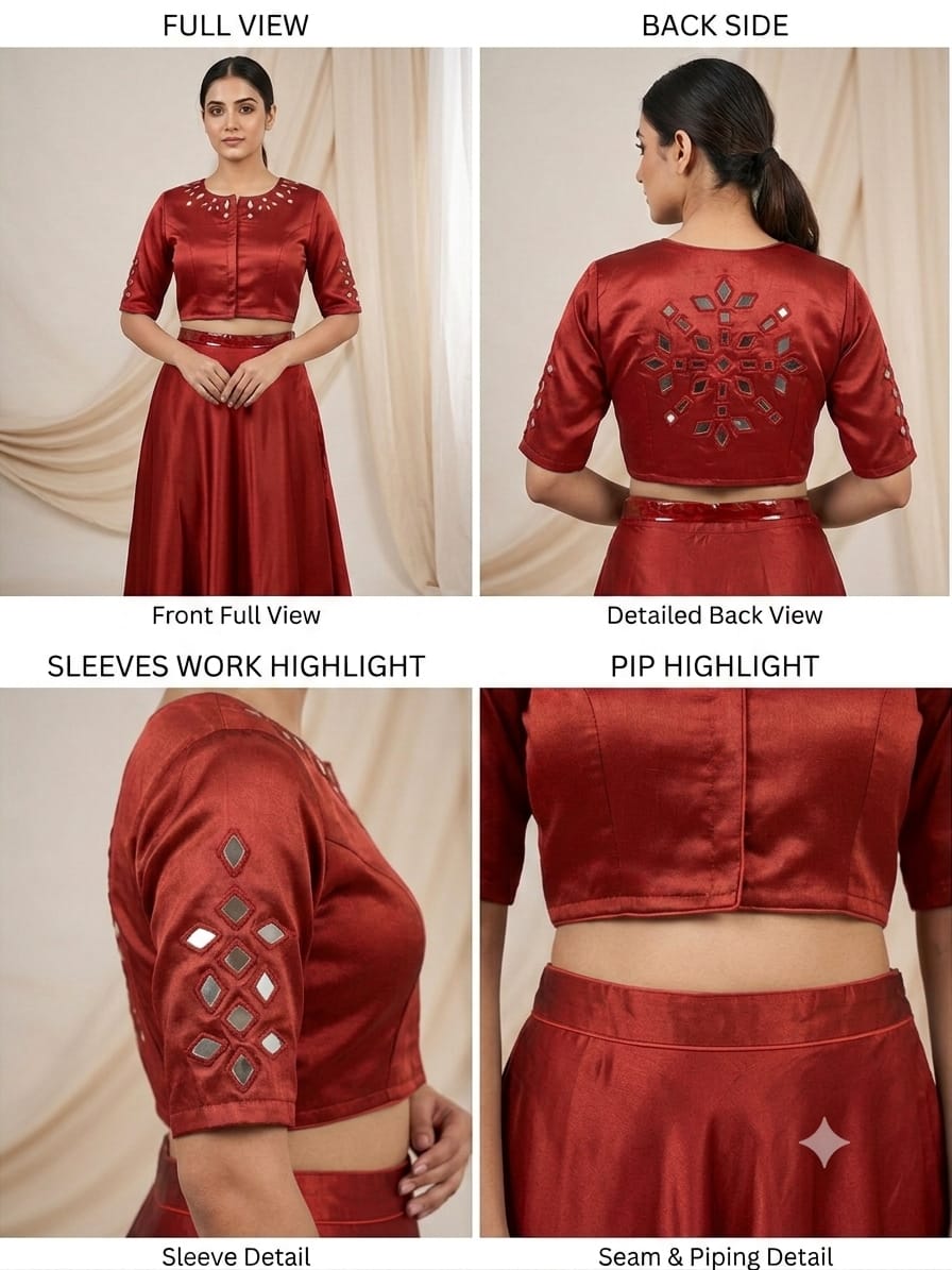 Mahroon Modal silk with real mirror smart crop top cum blouse (S236)