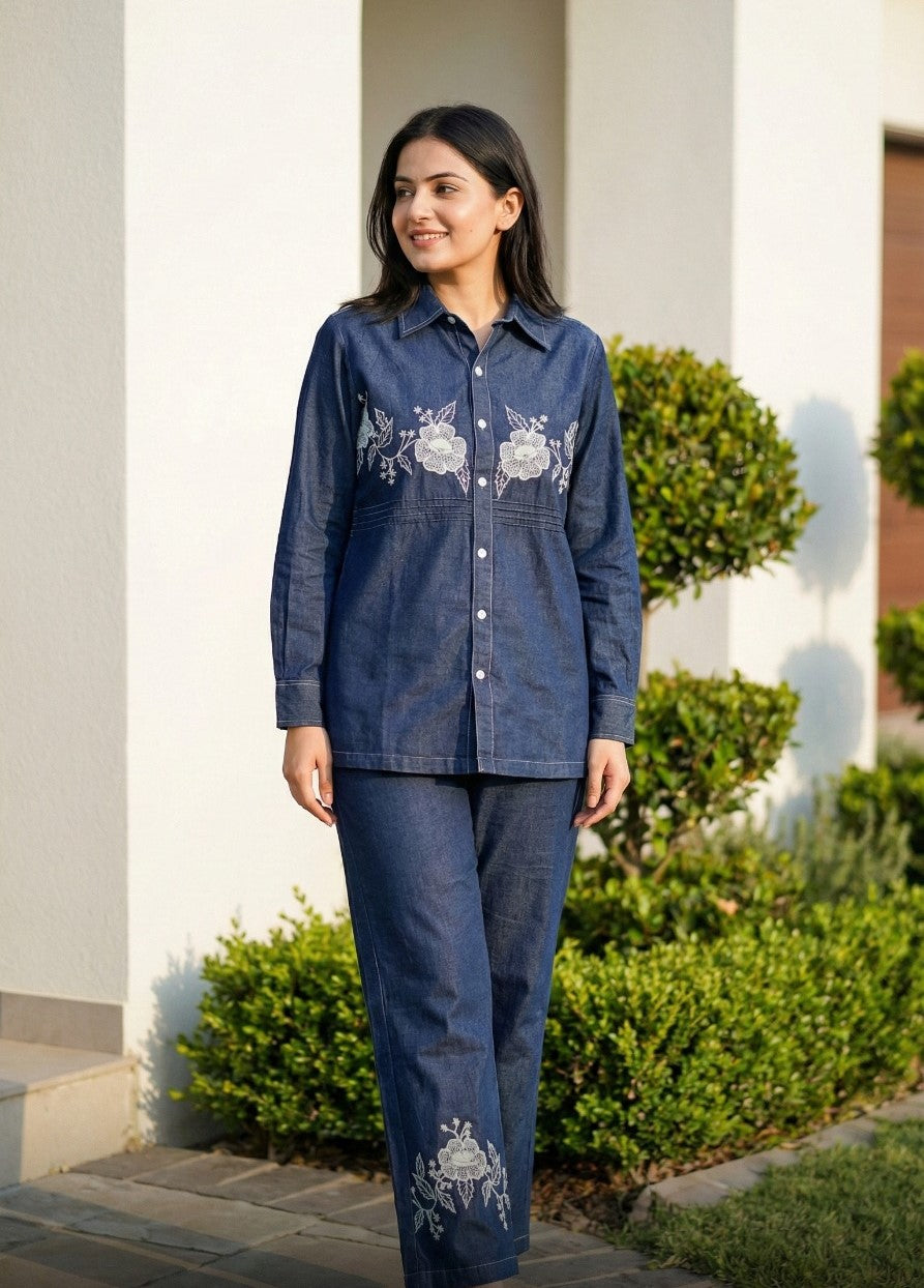 Soft denim with full thread work smart two piece cordset (B189)