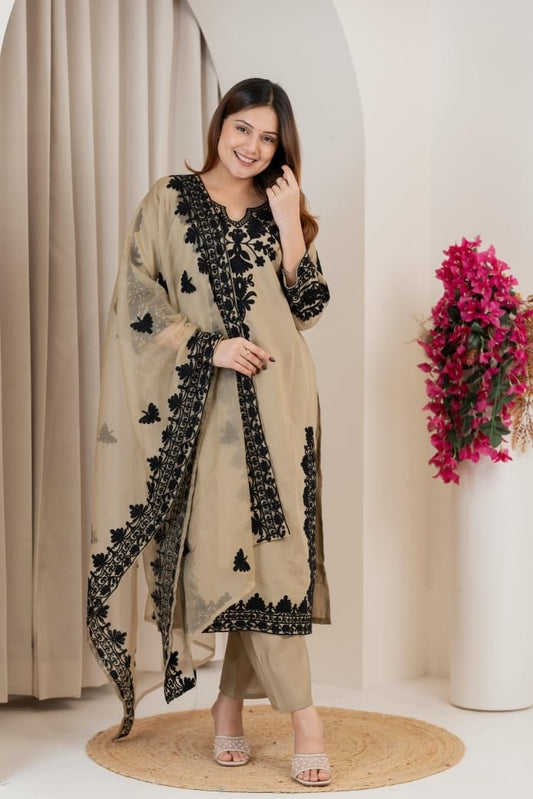 Light almond colour roman silk with mul lining and full thread work three piece set (A1056)