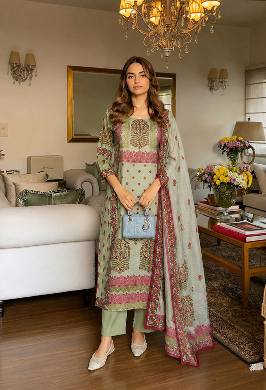 Mint green cotton linen placement print very beautiful three piece set (S147)