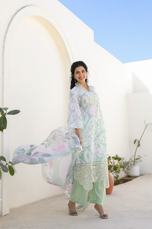 Light sea green pure cotton pakistani pattern three piece set (P1902)