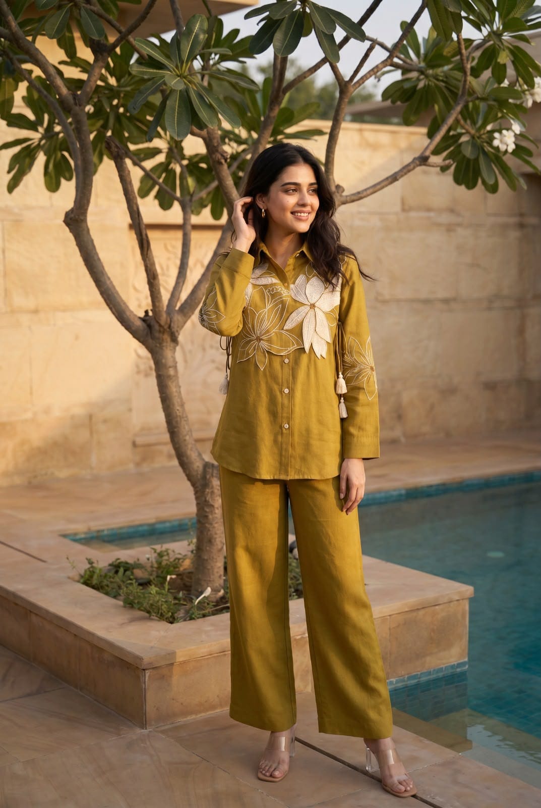 Cotton linen with embroidered shirt smart two piece cordset (C457)