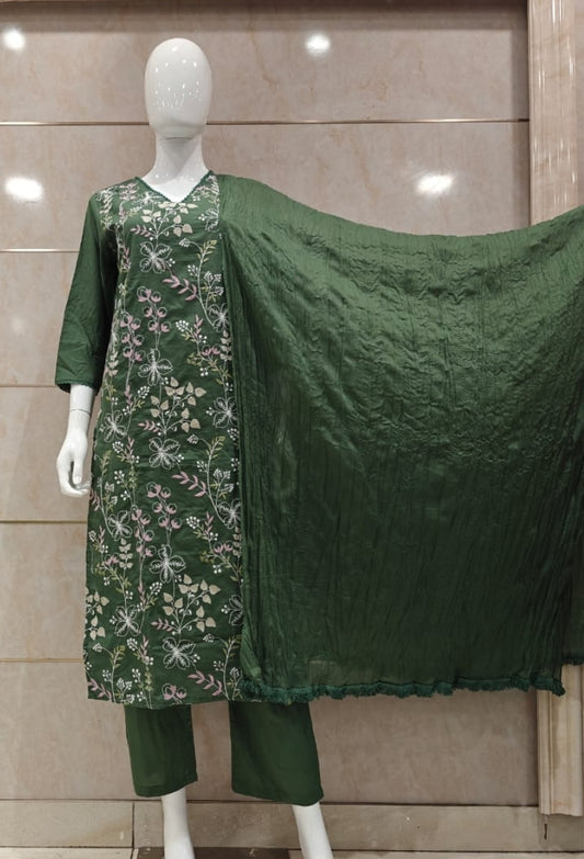 Green pure cotton with fully thread work three piece set (P816)