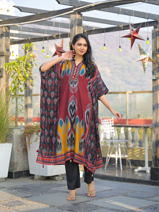 Pure muslin ikkat print smart kaftan set (A1759)