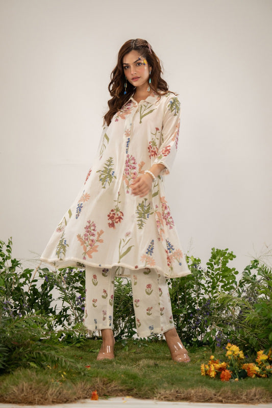 Ivory original block print pure cotton with inner two piece cordset (P1940)