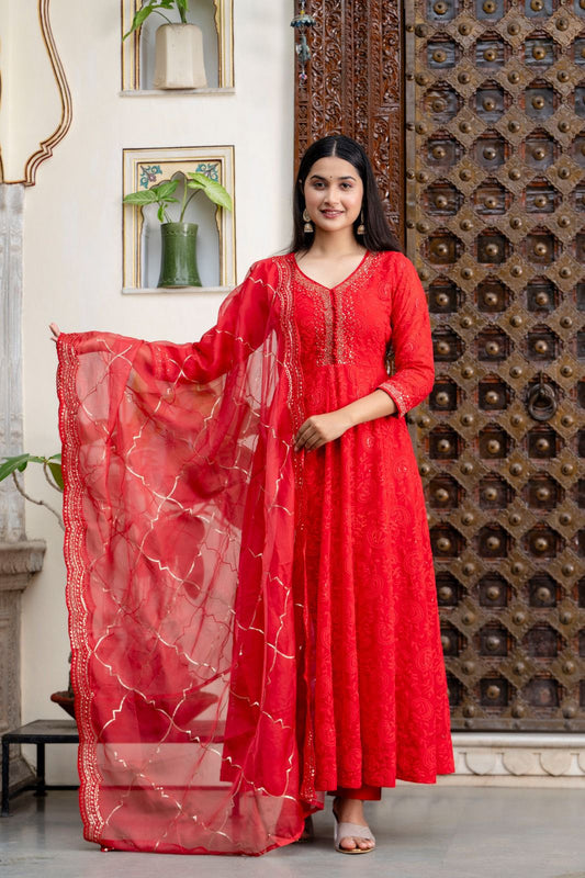 Red chikankari with lining designer three piece set (P893)