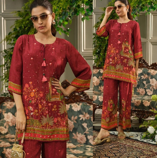Mahroon  pure crape with hand work two piece cordset (A1108)
