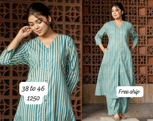 Blue strips pure cotton A line kurta with pockets and paried with culotes (P99)