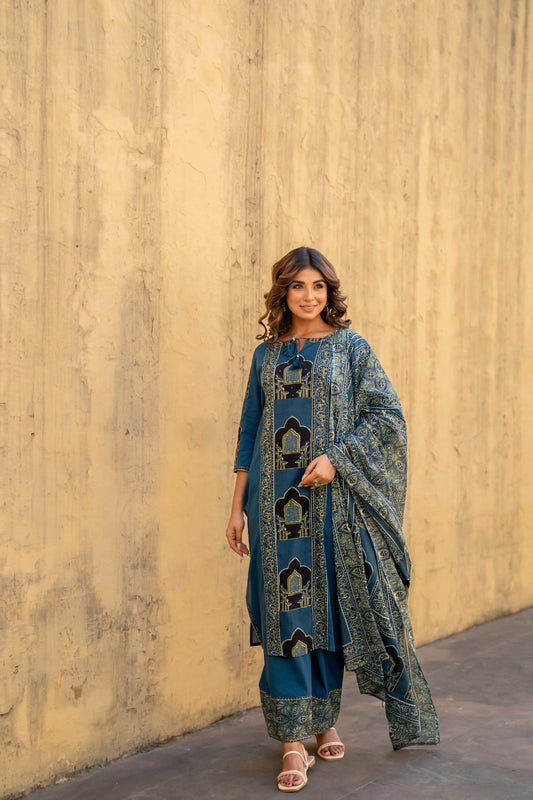 Blue ajrak print pure cotton with plazo work detailing on kurta three piece set (P1272)