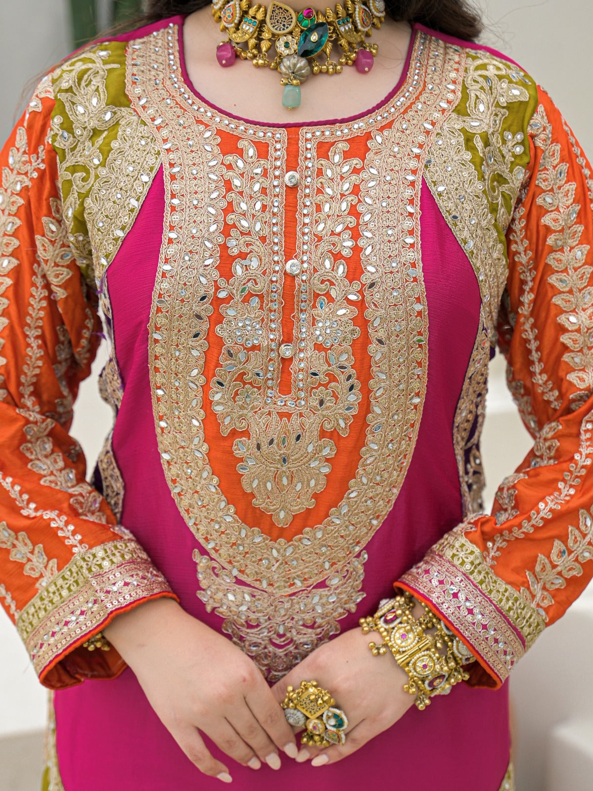 Pure chinnon full work pink based three piece set (A931)