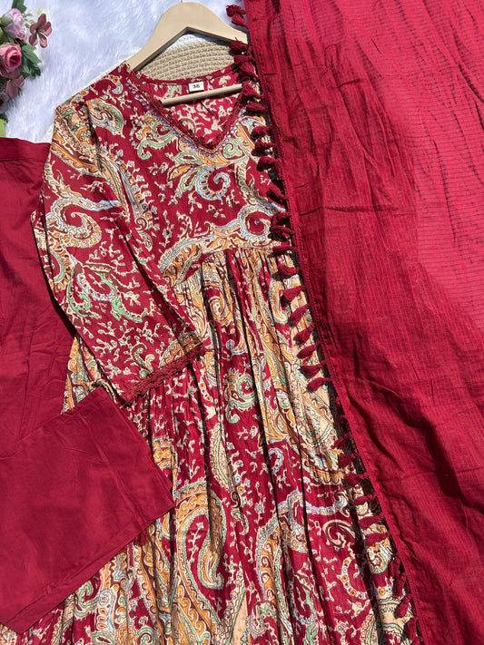 Red kalamkari anarkali with kota dupatta three piece set (P1855)
