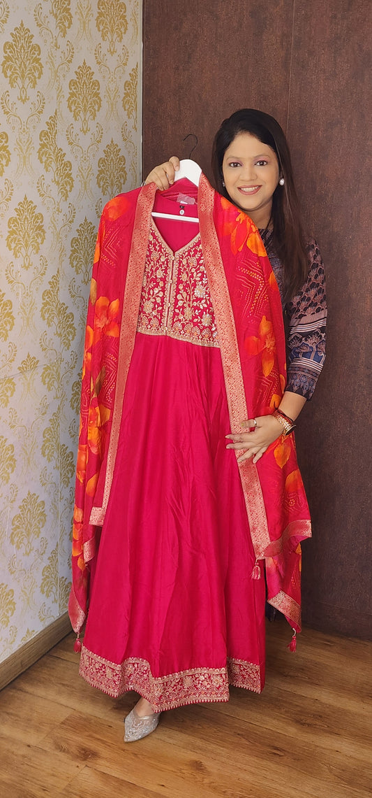 Hot pink russian silk anarkali (P841)