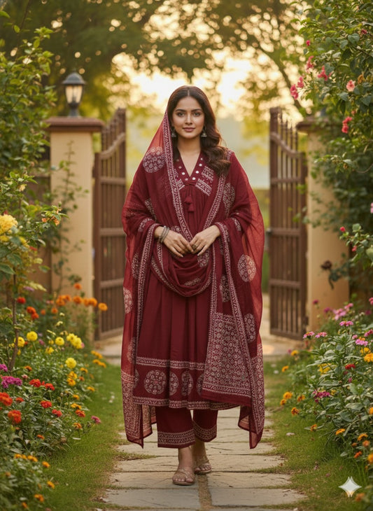 Mahroon pure cotton aliya pattern with real mirror work and ajrakh dupatta three piece set (A1586)