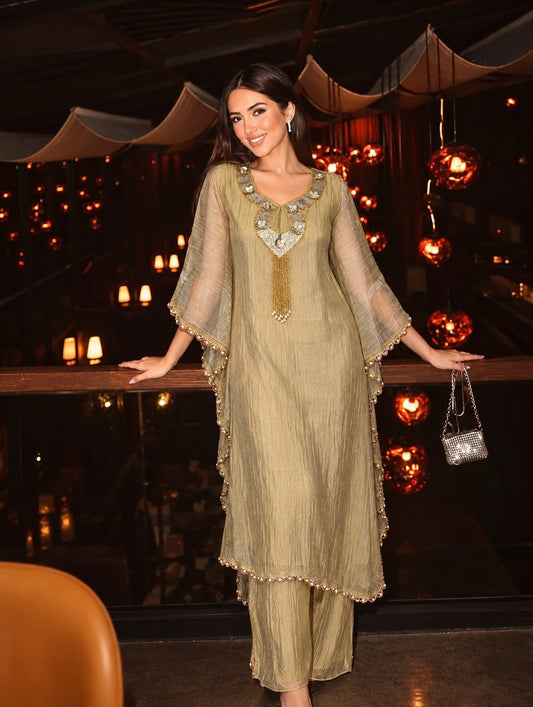 Pure tissue with heavy work on neckline designer two piece kaftan set (S421)