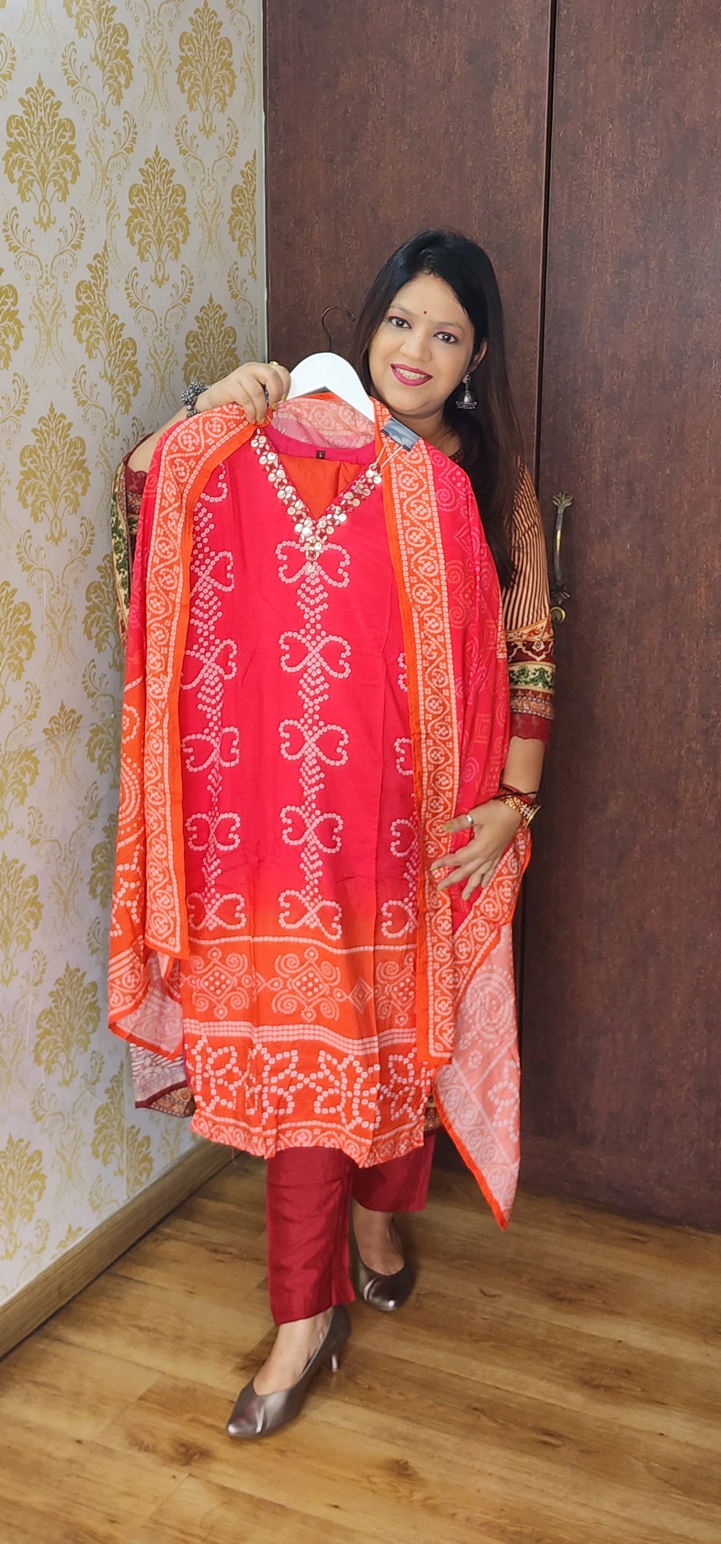 Red with organge bandani pure silk three piece set (P768)