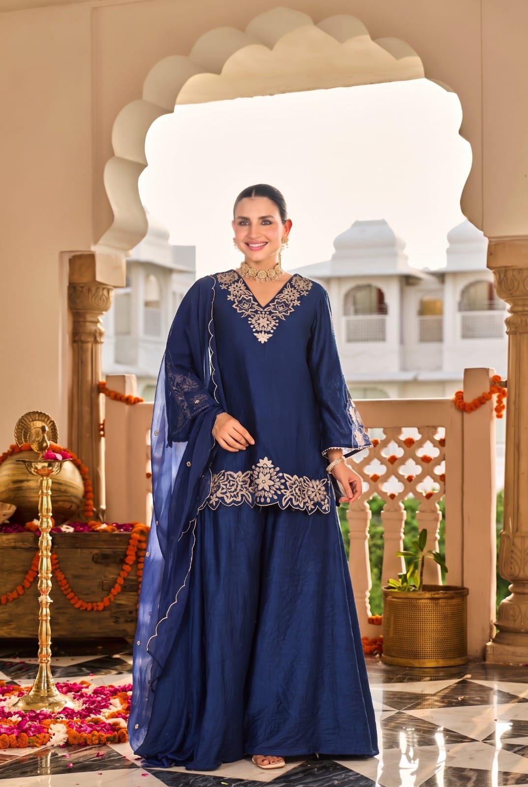 Santoori silk with wide flared plazo mul cotton lining three piece set (S437)